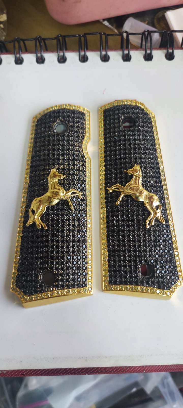 Gold-Plated Brass Colt Rampant Horse & Black CZ 1911 Grips · PM-003 — angle 1