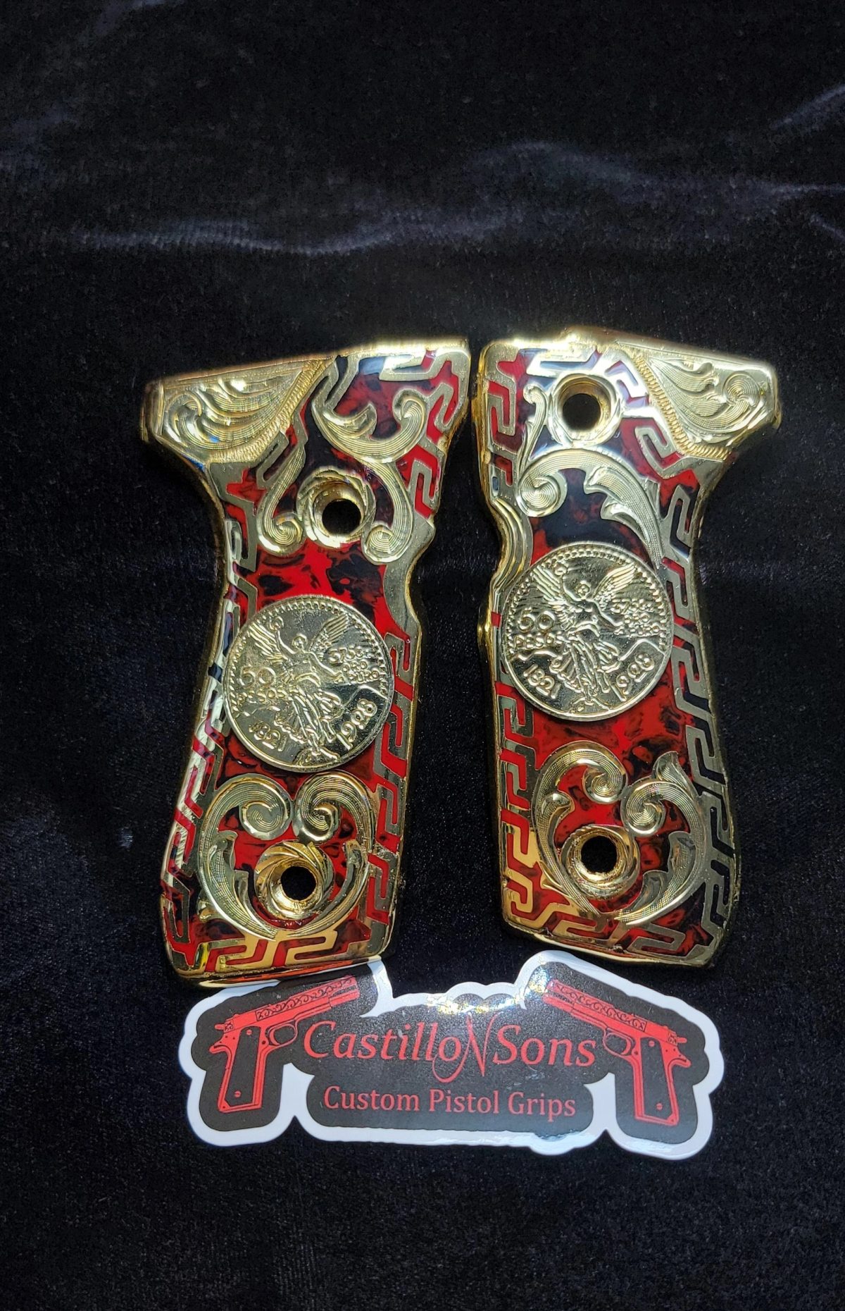 Gold Centenario Beretta grips with red resin