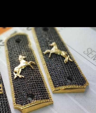 Gold-Plated Brass Colt Rampant Horse & Black CZ 1911 Grips · PM-003 — angle 2