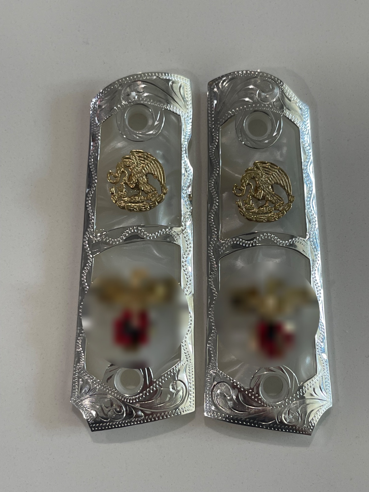 Hand-Engraved German Silver Mexican Eagle 1911 Grips · PM-004 — angle 1