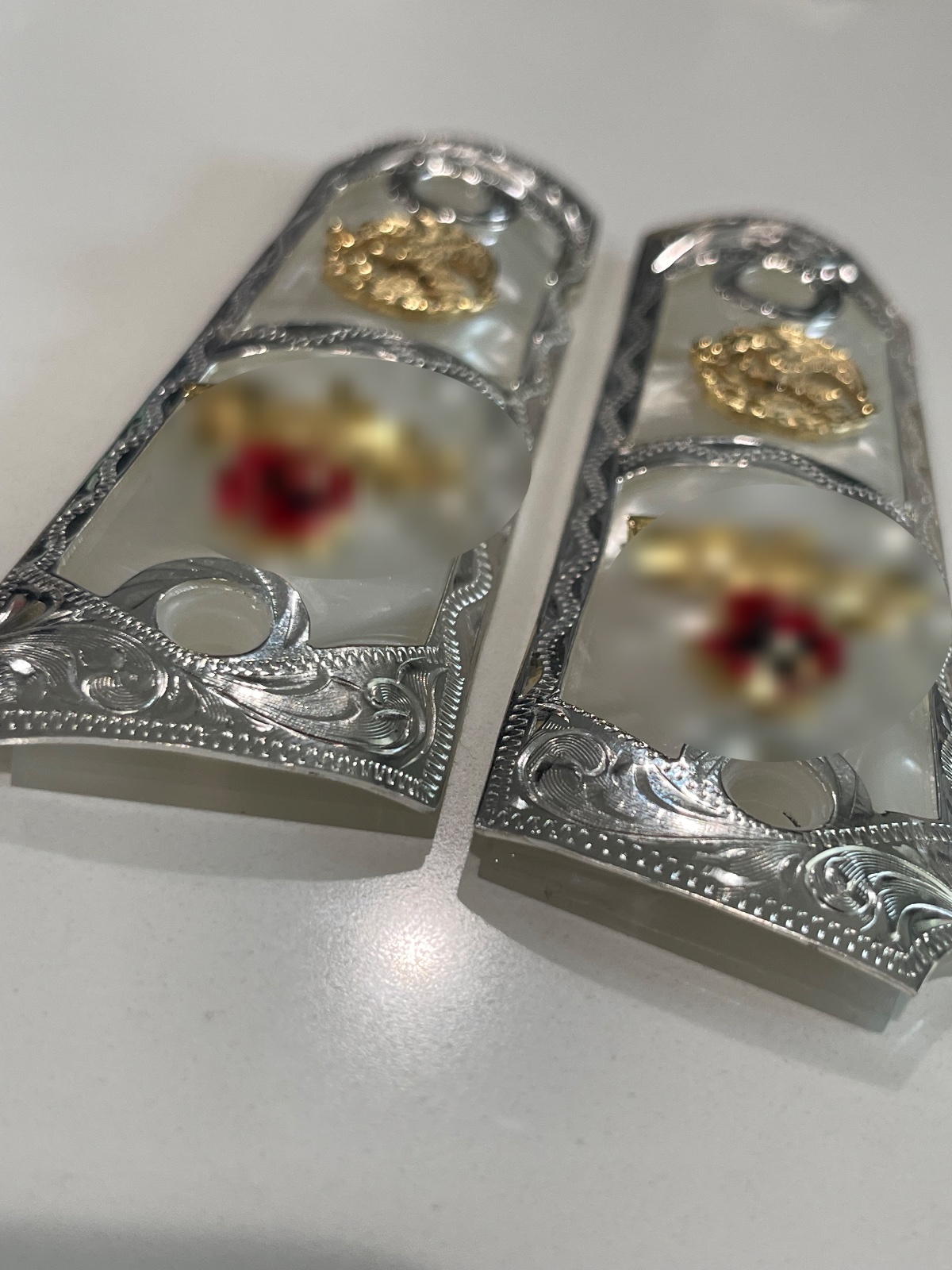 Hand-Engraved German Silver Mexican Eagle 1911 Grips · PM-004 — angle 4