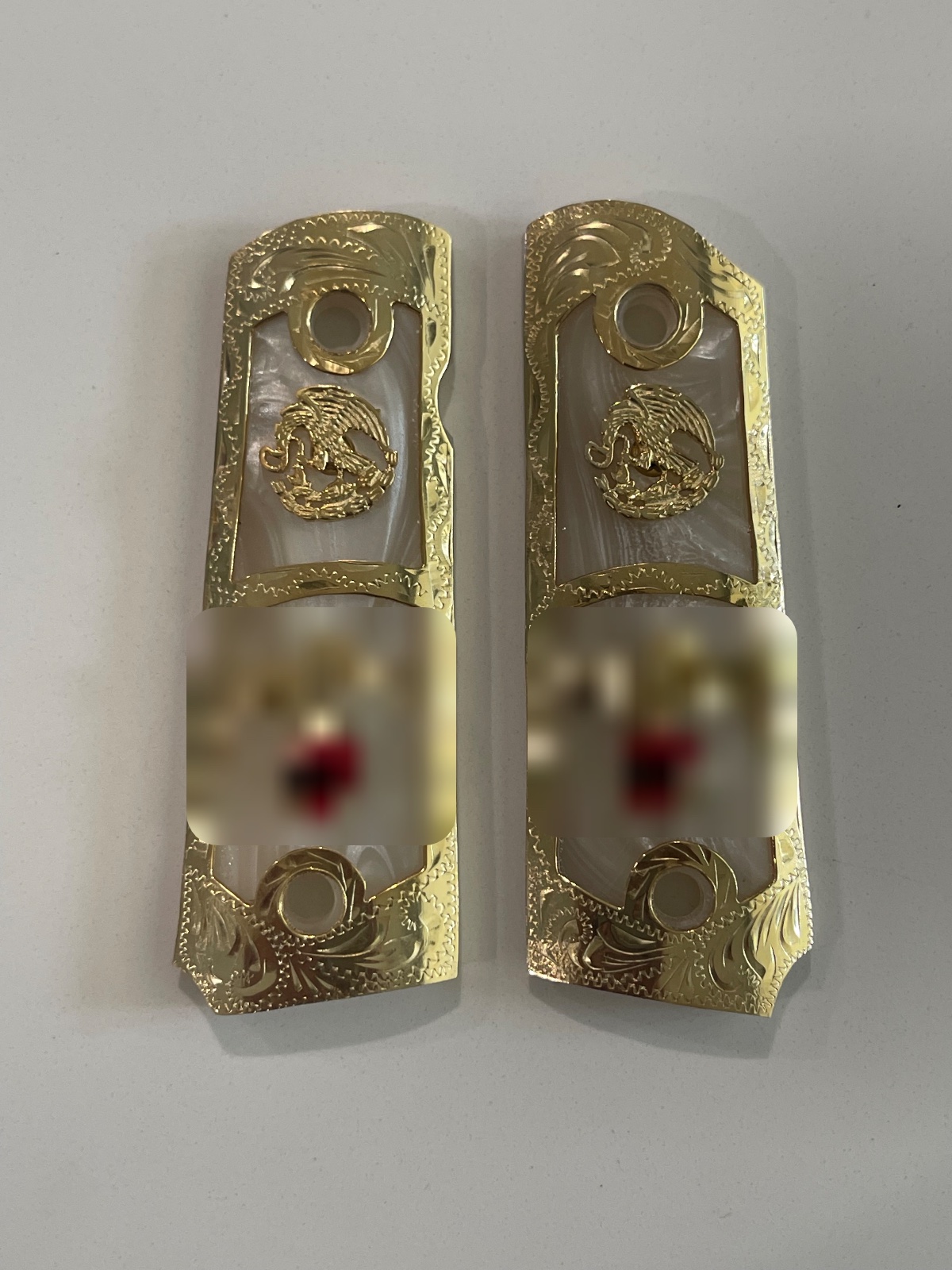 Hand-Engraved Gold-Plated German Silver Mexican Eagle 1911 Grips · PM-005 — angle 1