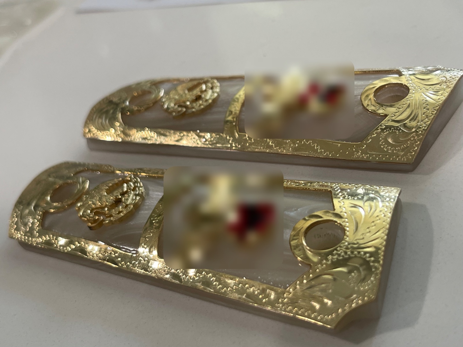 Hand-Engraved Gold-Plated German Silver Mexican Eagle 1911 Grips · PM-005 — angle 2