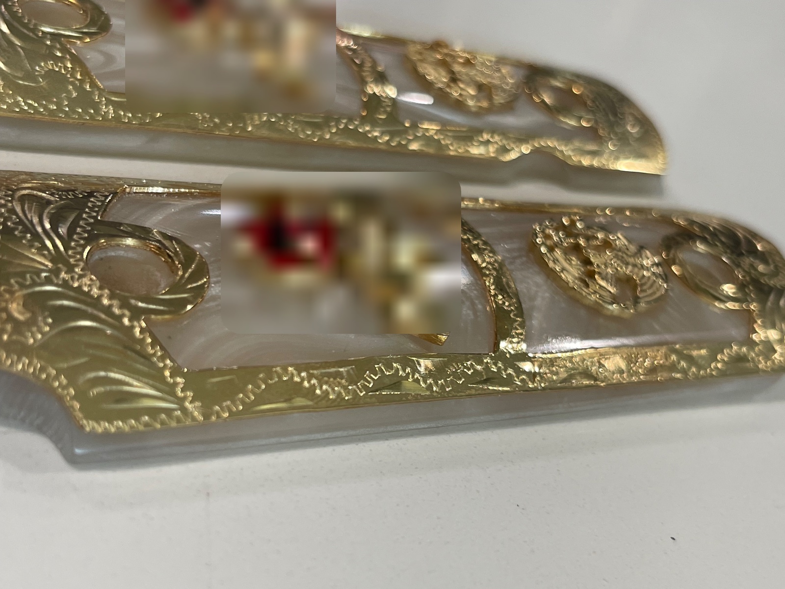 Hand-Engraved Gold-Plated German Silver Mexican Eagle 1911 Grips · PM-005 — angle 3