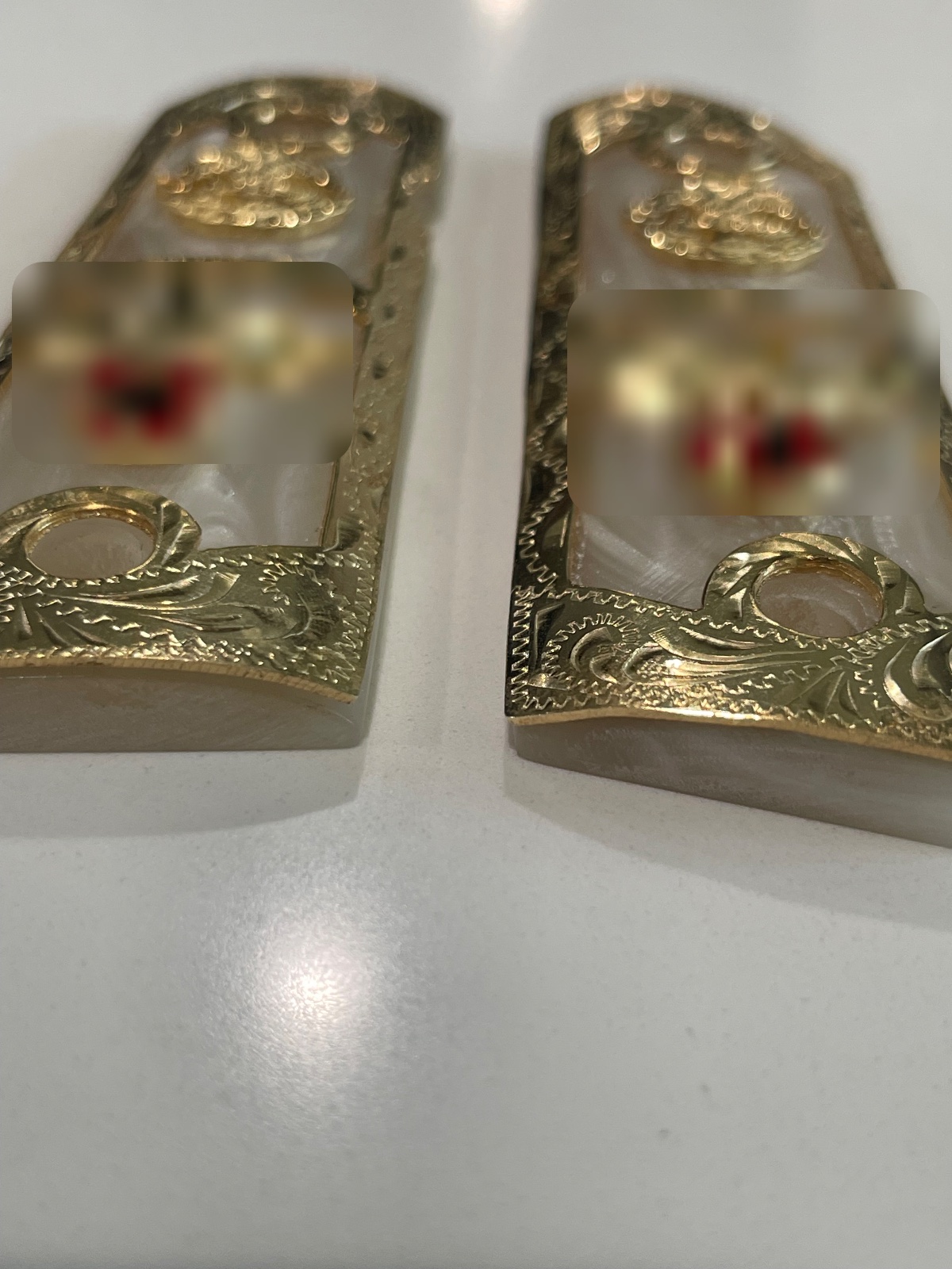 Hand-Engraved Gold-Plated German Silver Mexican Eagle 1911 Grips · PM-005 — angle 4